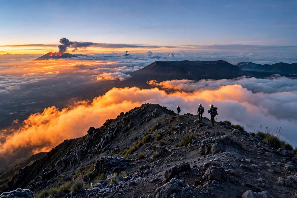 Sunrise over Volcan de Fuego erupting, viewed from Acatenango base camp, Guatemala