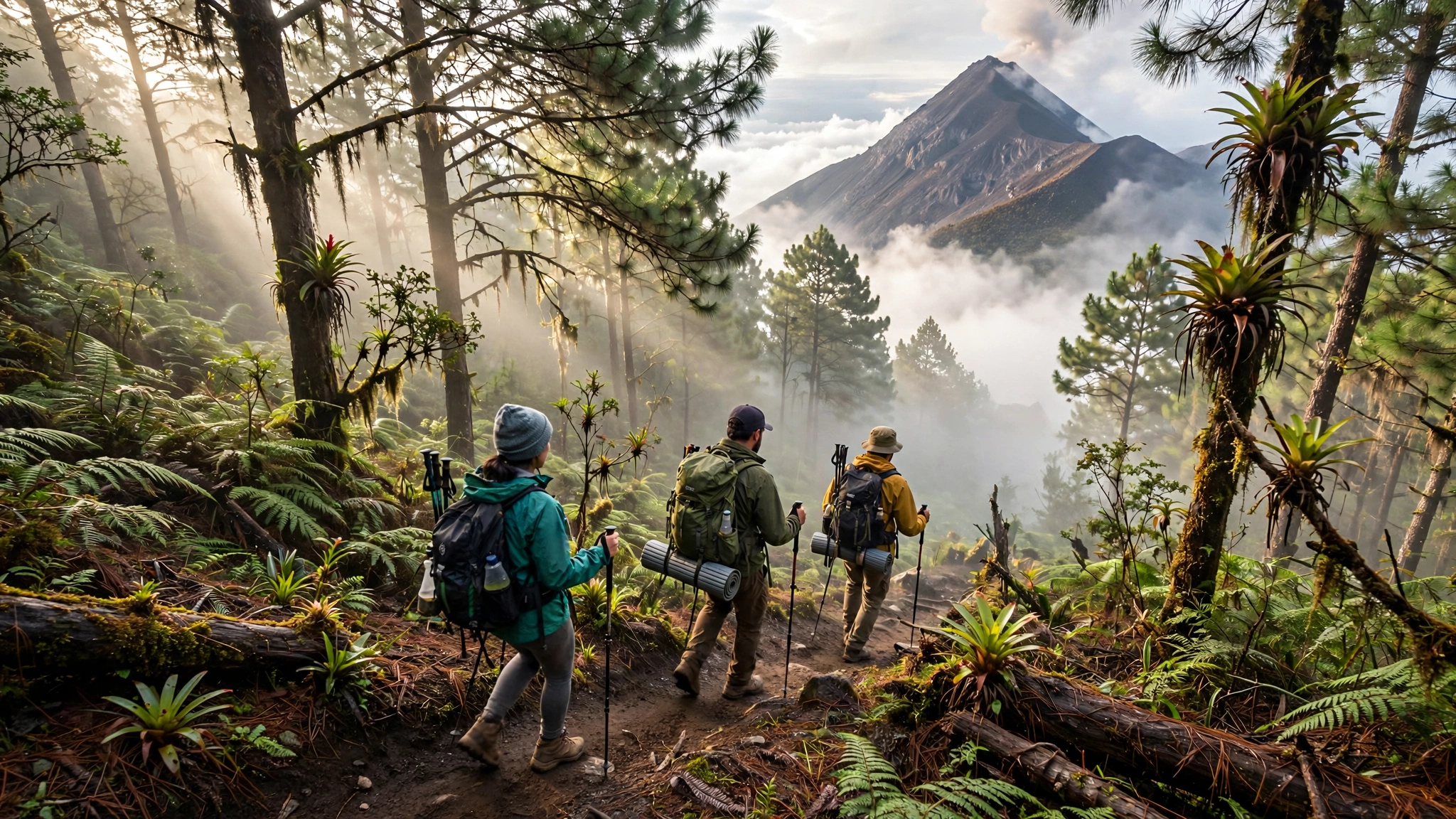 Hikers with backpacks climbing the steep trail through cloud forest on Volcan Acatenango, Guatemala