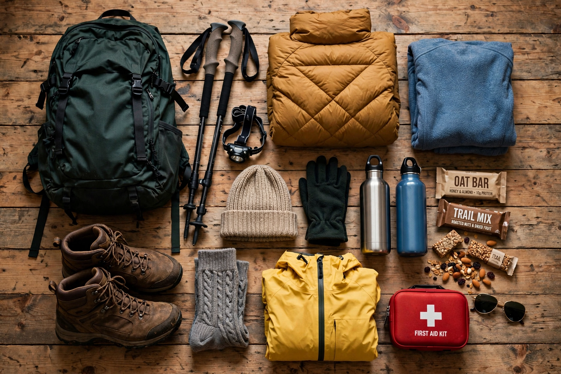Flat lay of hiking and camping gear: backpack, puffer jacket, trekking poles, headlamp, boots and warm layers