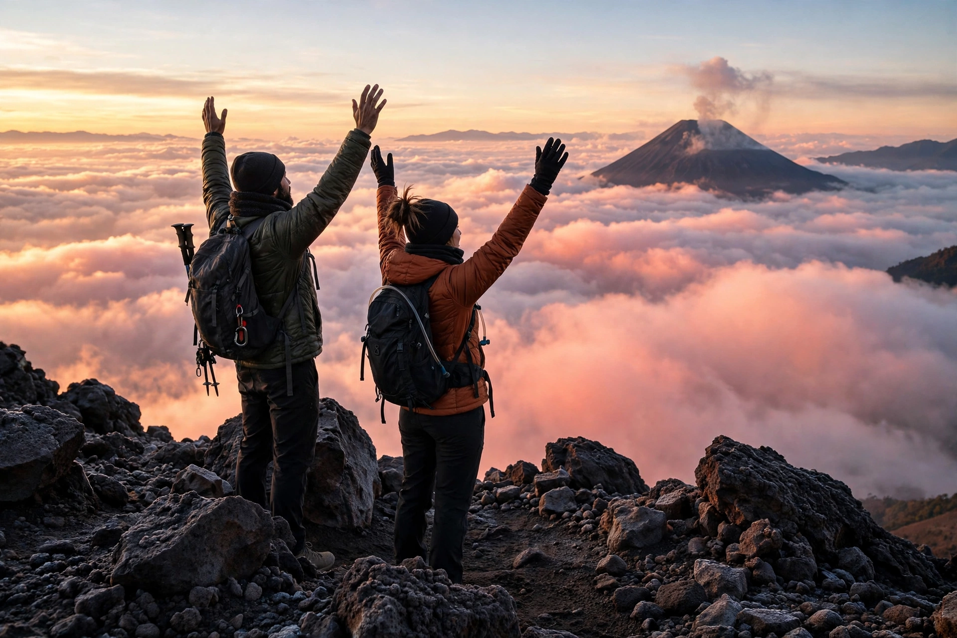 Hikers at the Acatenango summit at 3,976 meters at sunrise, standing above a sea of clouds with Volcan de Fuego on the horizon