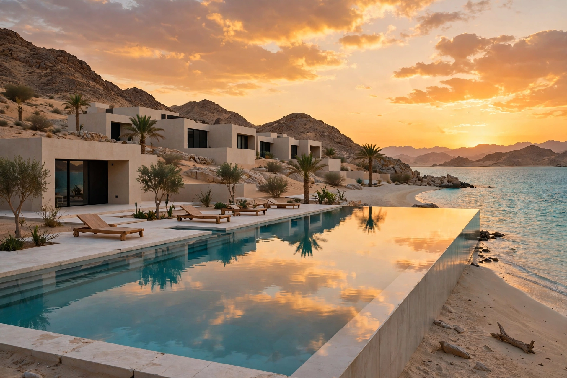 Luxury beach resort at golden sunset on the Saudi Red Sea coast