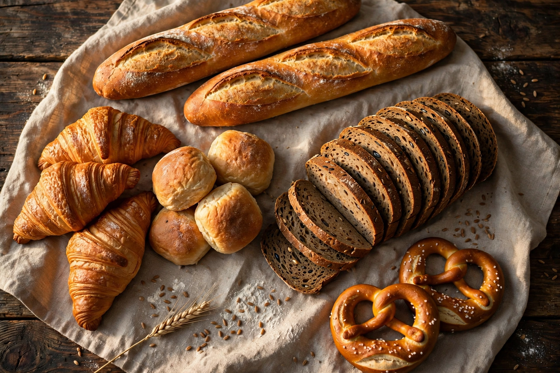 Assorted fresh breads including baguettes, croissants, rolls and rye loaf on a linen cloth