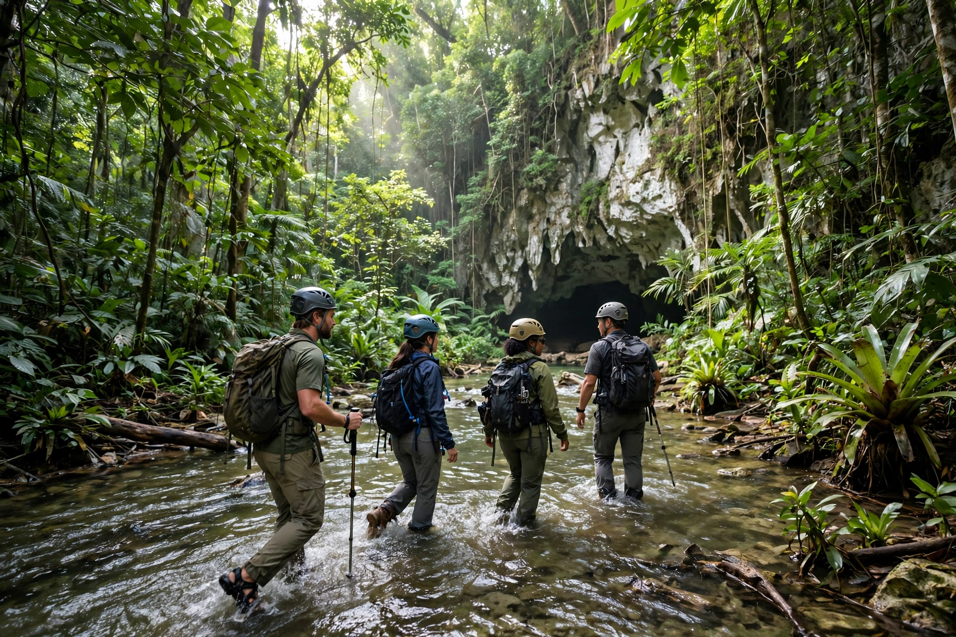 Hikers wading across a jungle river toward the ATM cave entrance in Belize