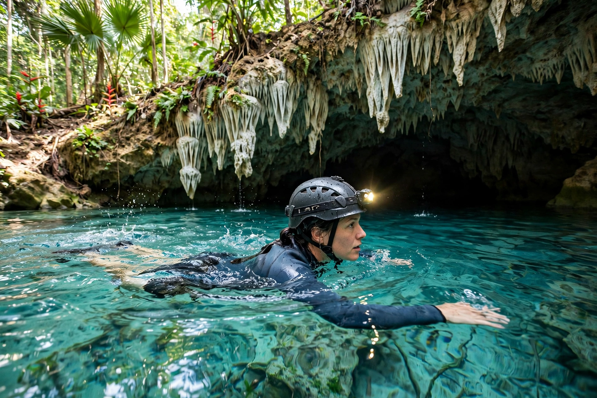 Adventurer swimming through the spring-fed entrance pool into the ATM cave in Belize