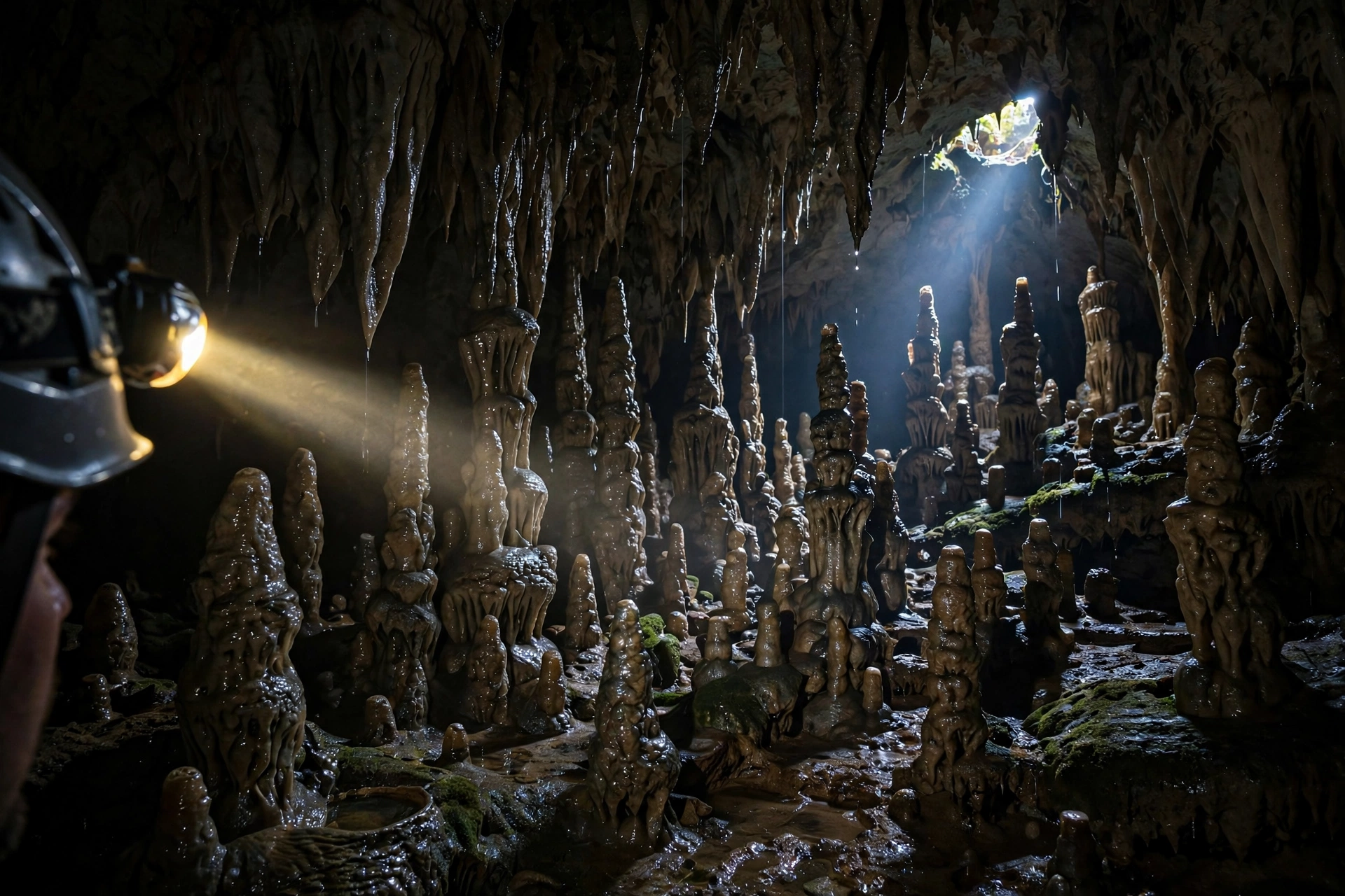 Stalactites and stalagmites glowing in headlamp light inside a Belize cave chamber
