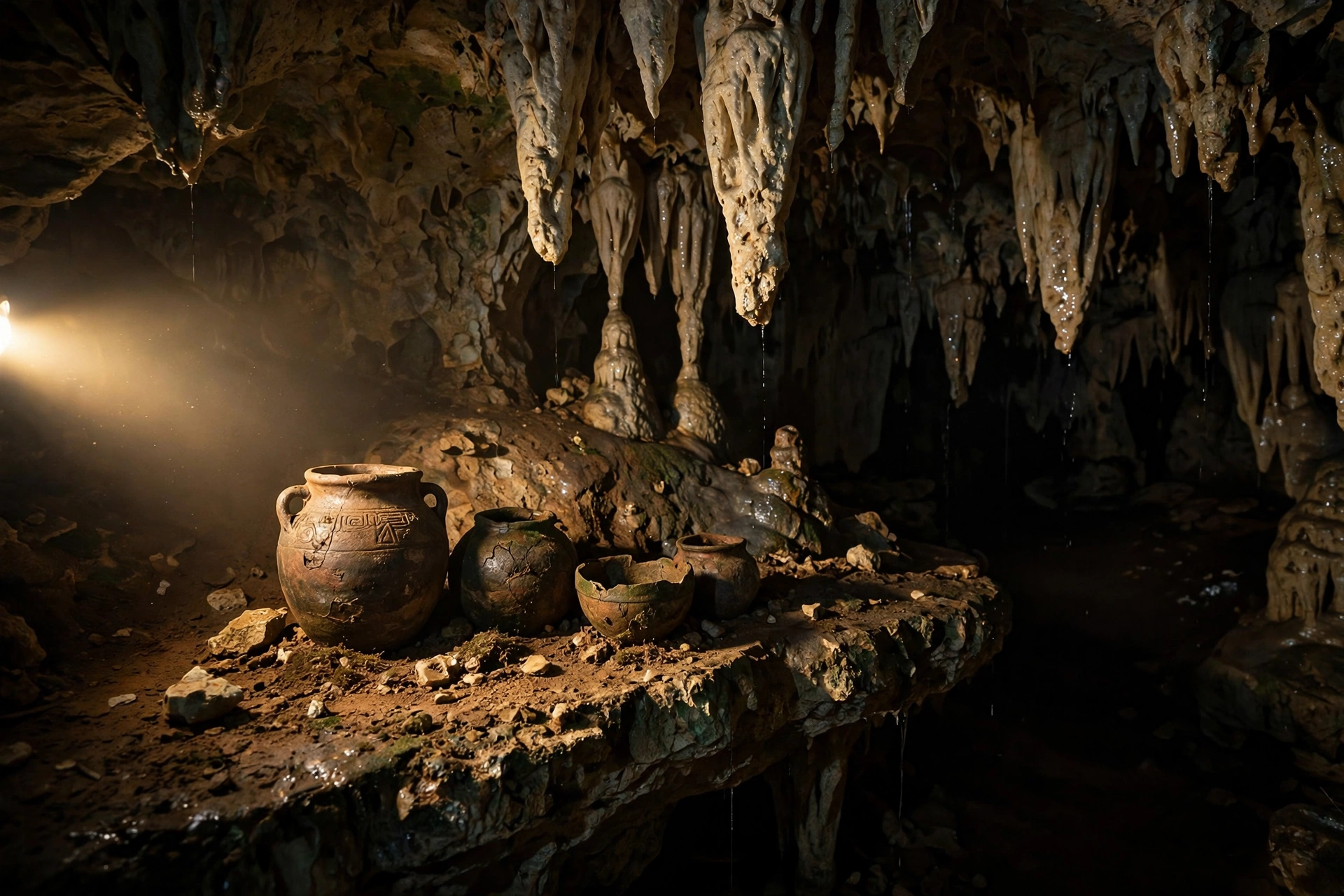 Ancient Maya pottery vessels on a limestone ledge inside the ATM cave's ceremonial chamber