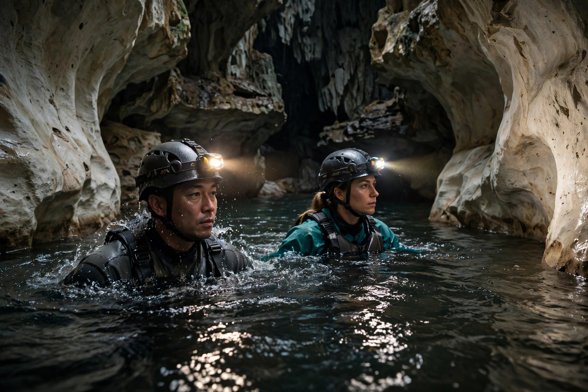 Helmeted explorers wading through an underground river inside the ATM cave