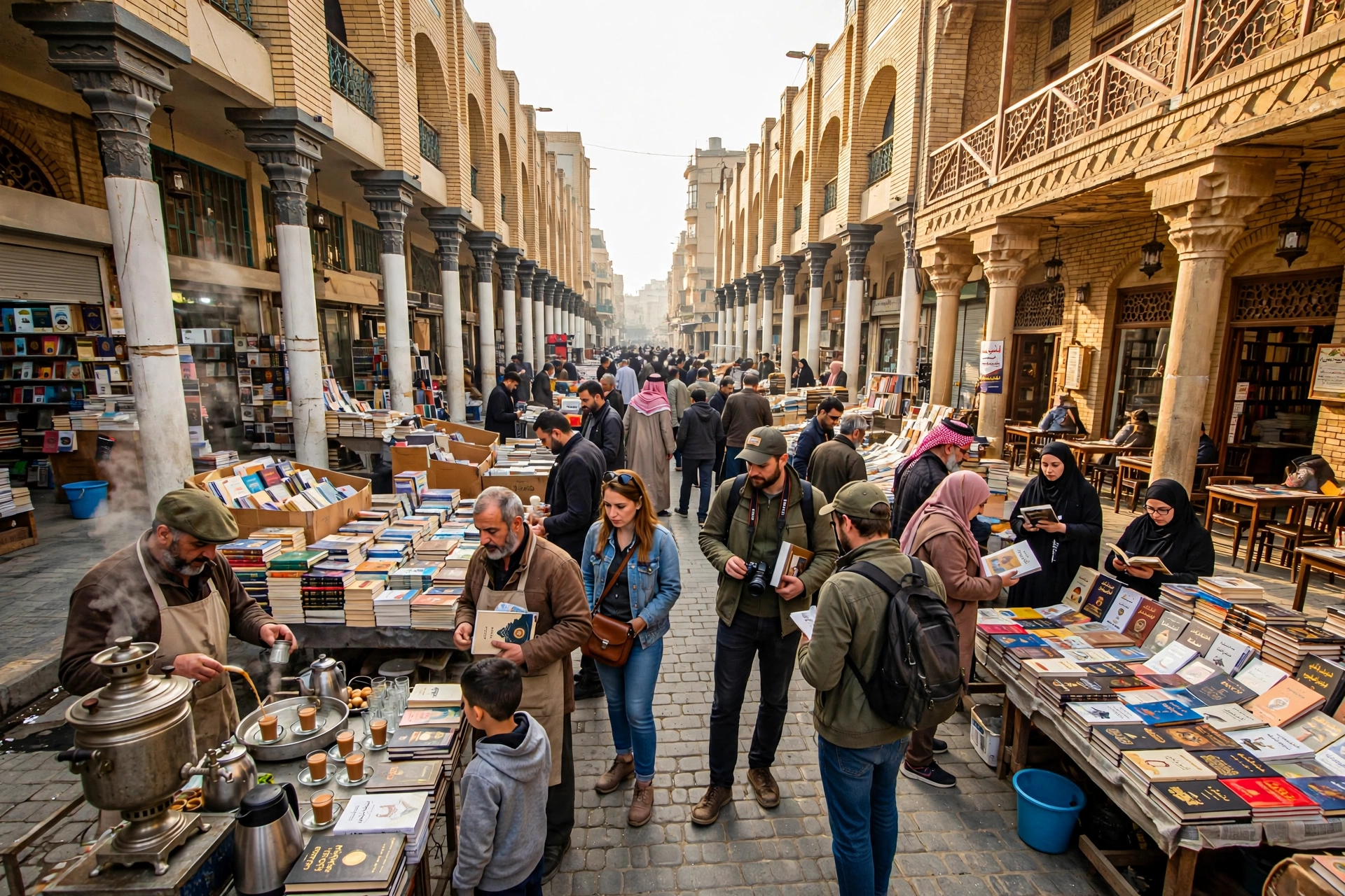 Book vendors and crowds on Al-Mutanabbi Street in Baghdad on a Friday morning