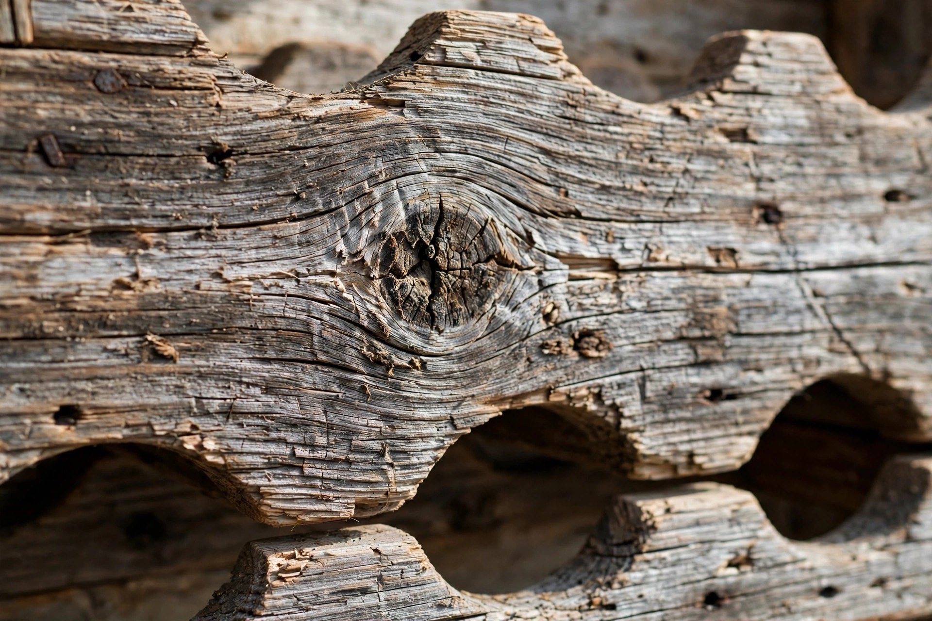 Close-up of reclaimed barn wood grain on a handcrafted wine rack