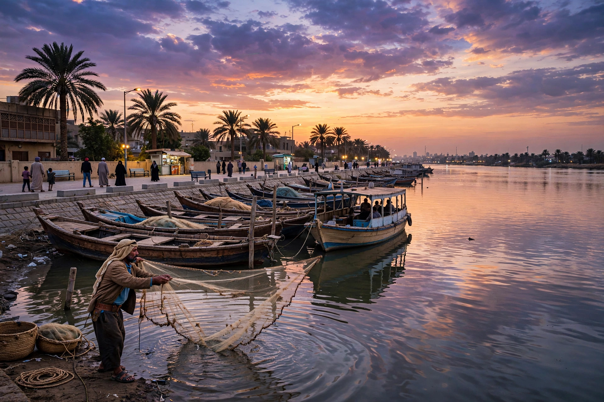 Wooden boats on the Shatt al-Arab in Basra, Iraq at dusk with date palms silhouetted