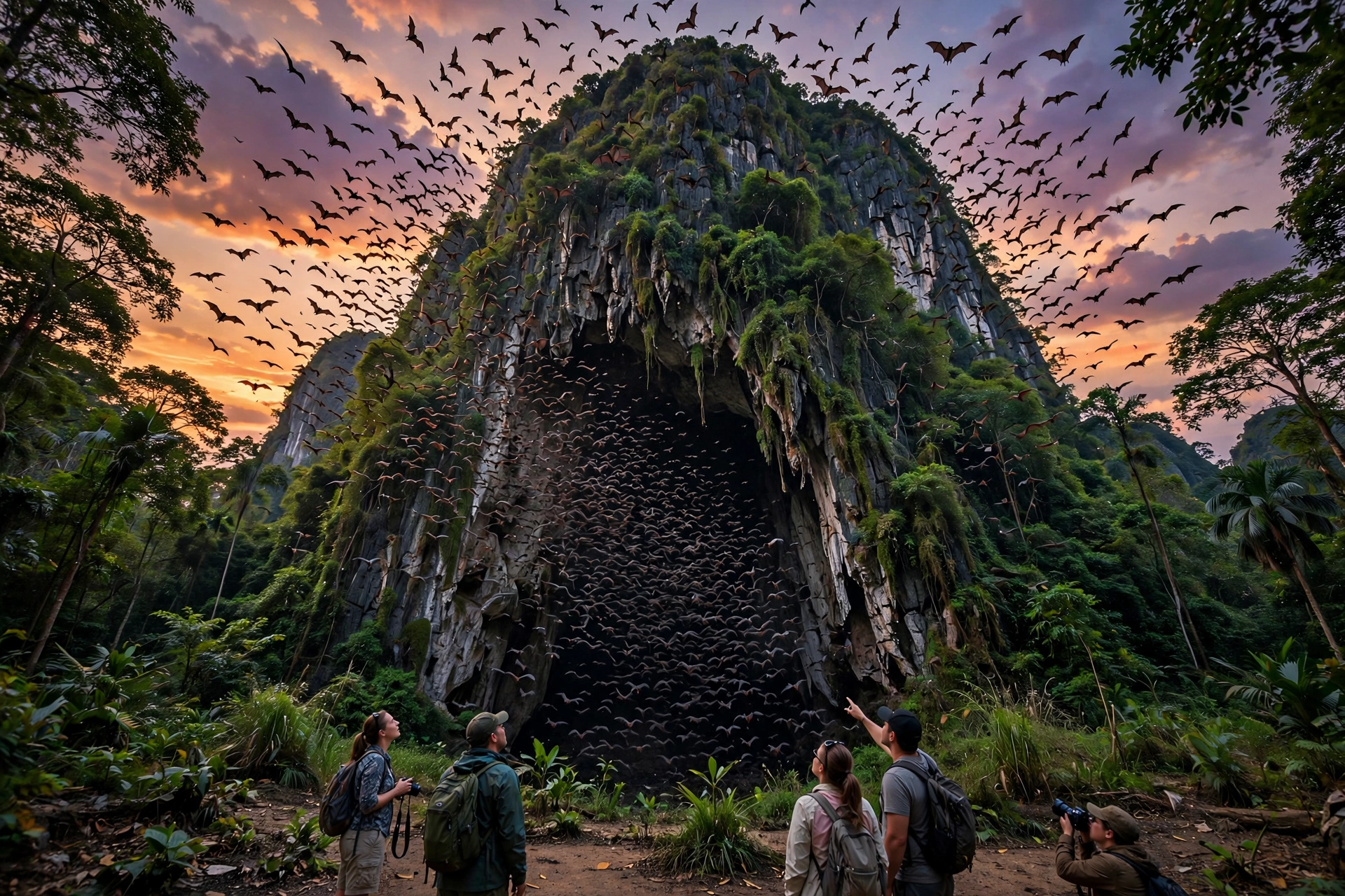 Bats streaming out of a cave mouth in a Cambodian karst hill at dusk, a common sight in Battambang's cave country
