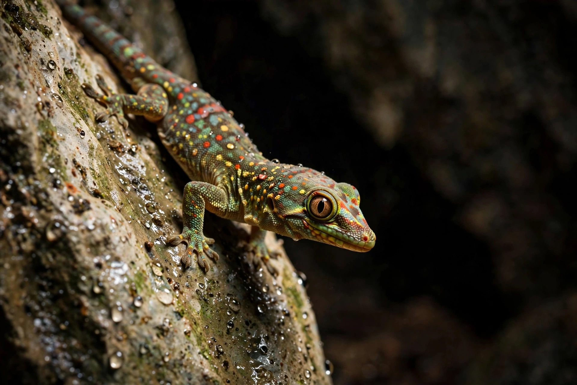 A small colorful gecko clinging to a damp limestone cave wall in Cambodia, similar to the new gecko species found in the Battambang survey