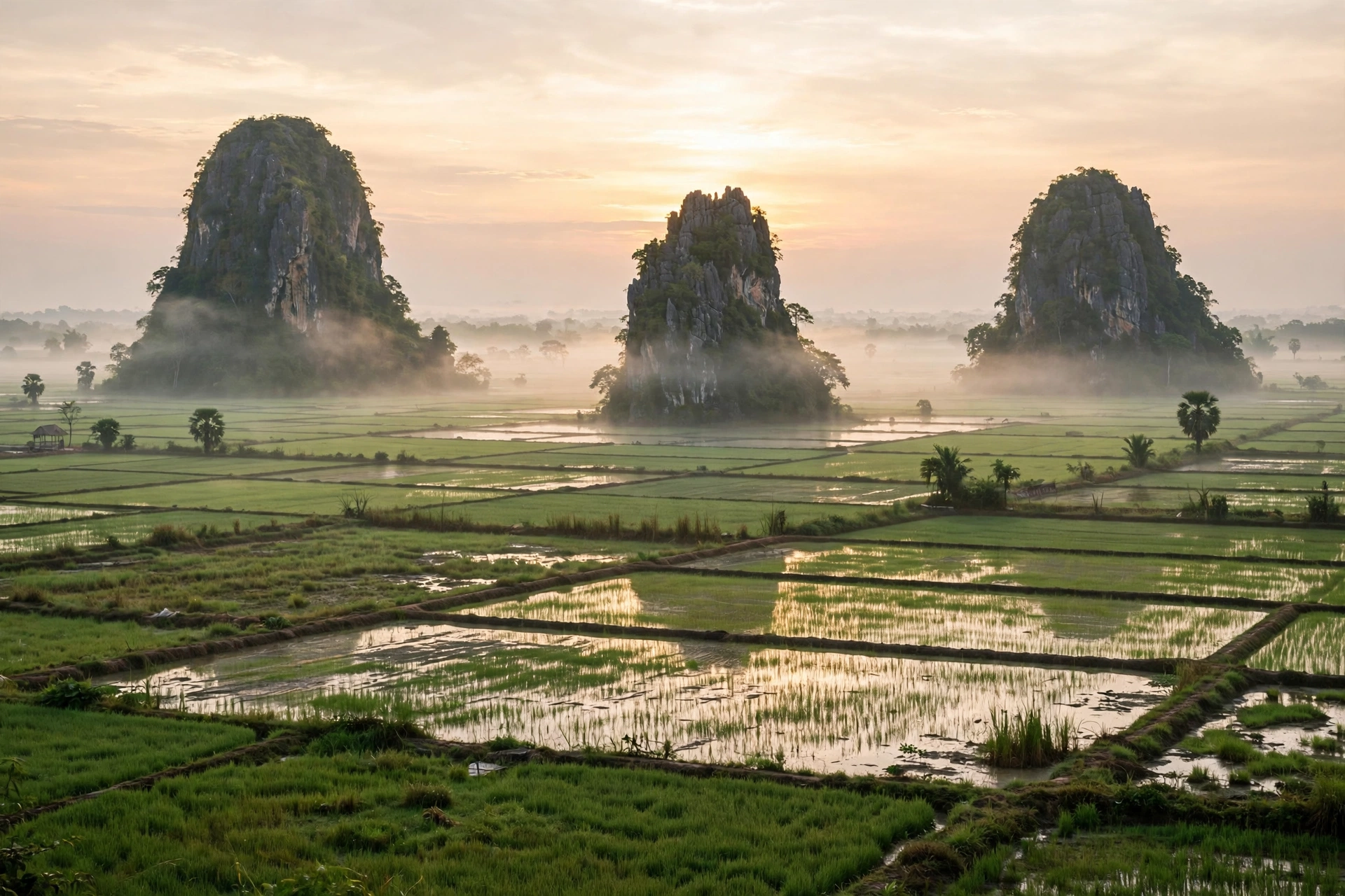 Isolated limestone karst hills rising from flat farmland in Battambang province, Cambodia at sunrise