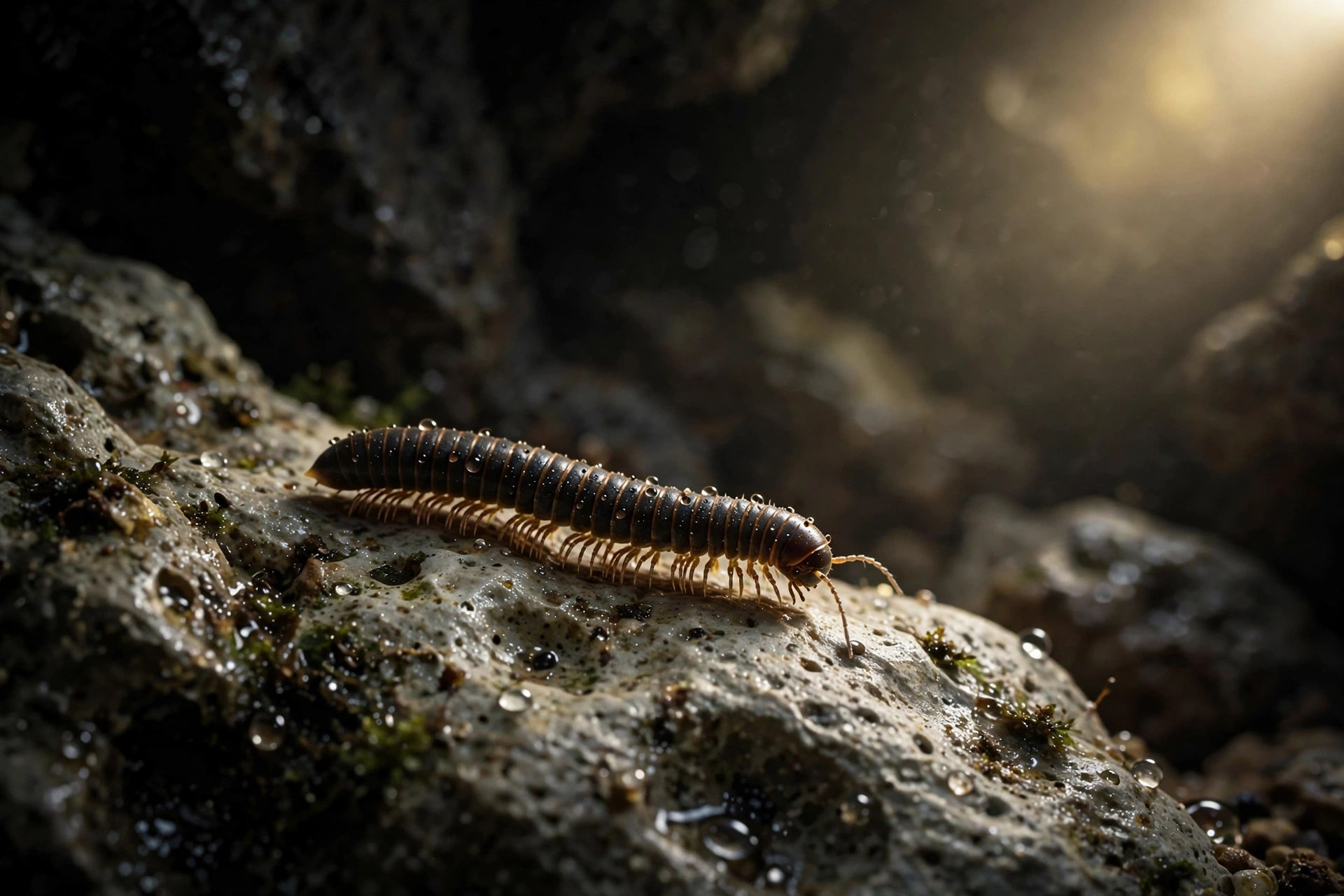 A tiny millipede crawling over damp limestone inside a dark cave, one of the small new species found in the Battambang survey