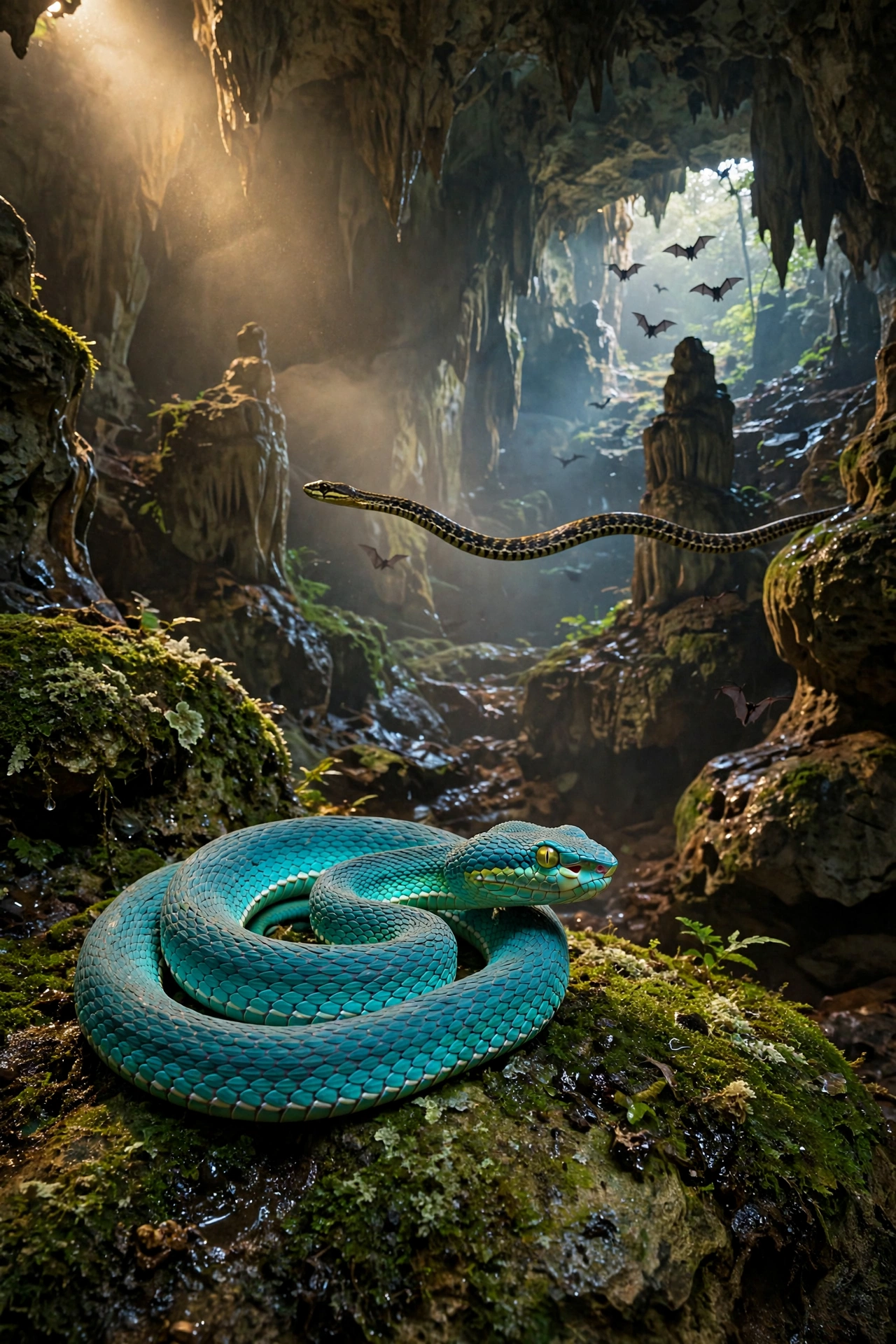 A vivid turquoise pit viper coiled on a mossy rock inside a dark Cambodian limestone cave, with a flying snake gliding between cave formations in the background
