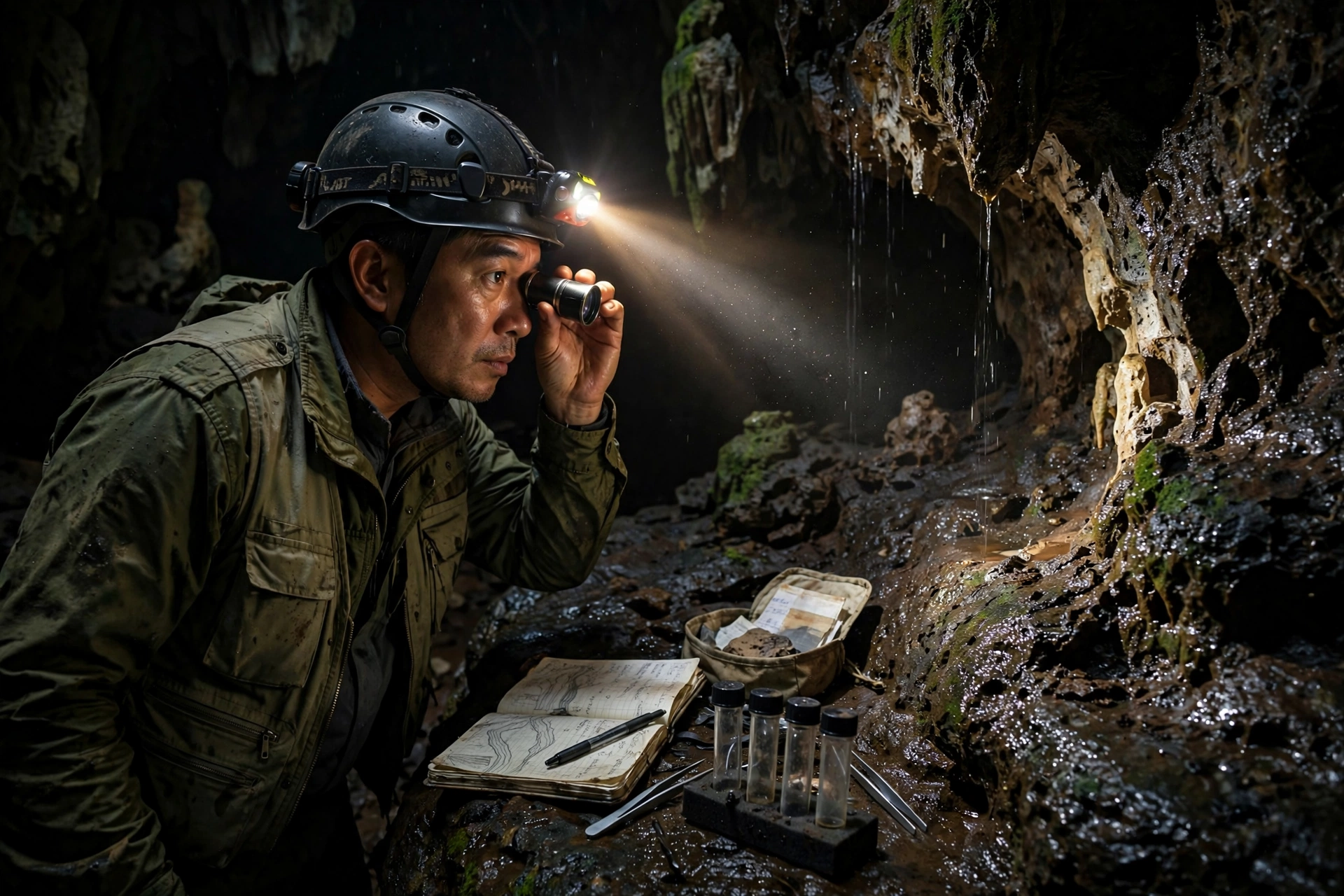 A field biologist with a headlamp examining a cave wall inside a dark Cambodian limestone cave during the biodiversity survey