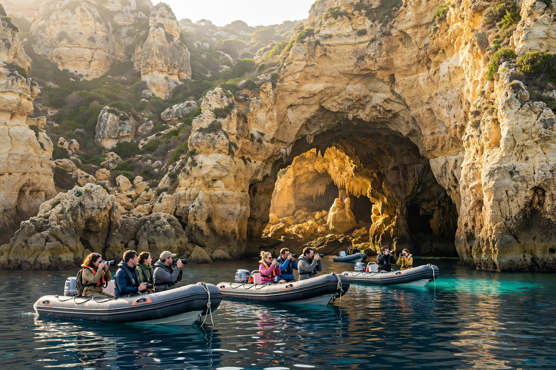 Small tour boats waiting outside a golden Algarve sea cave entrance in the morning