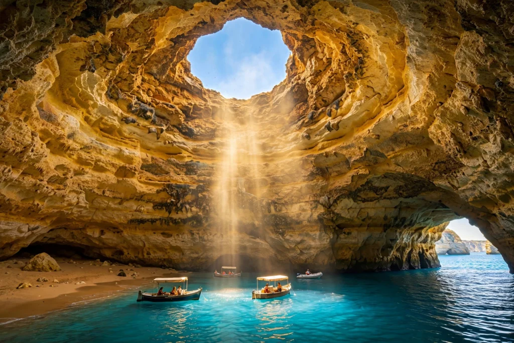 Golden interior of Benagil Cave with the skylight overhead, a sunbeam falling on the water, and small tour boats inside
