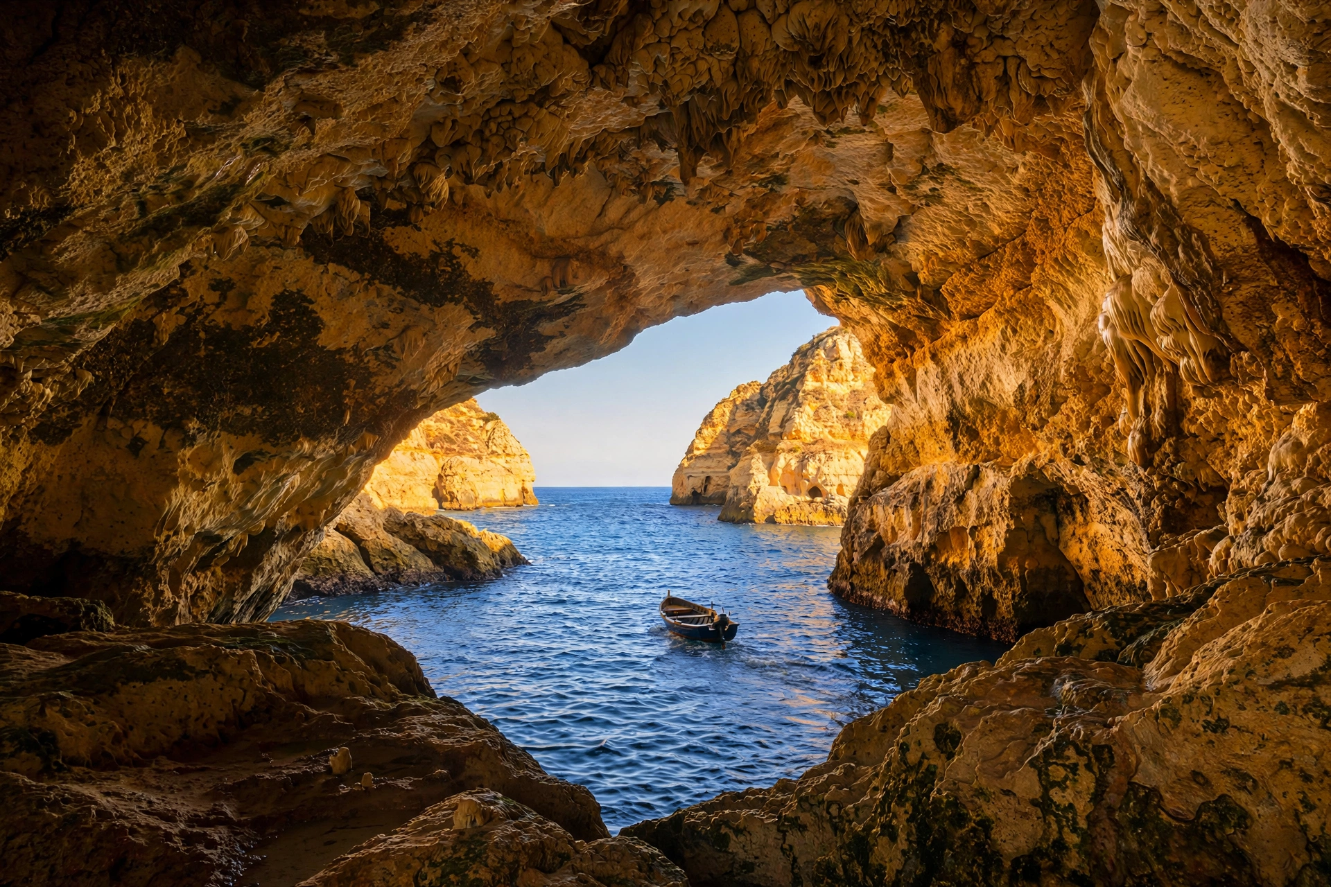 View from inside Benagil cave toward the ocean, with a tour boat entering the cave mouth