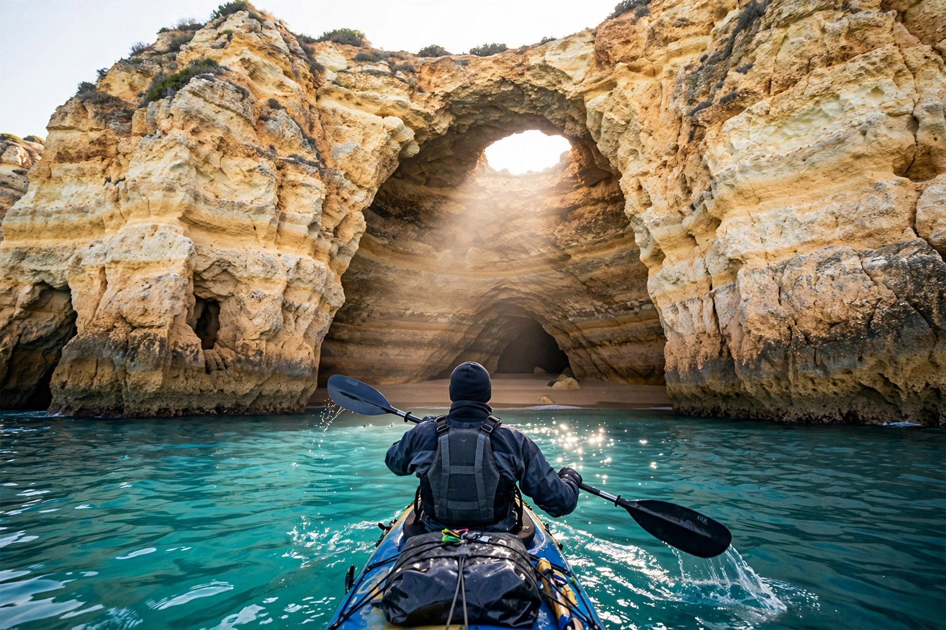A kayaker paddling toward the entrance of Benagil sea cave, golden Algarve cliffs ahead