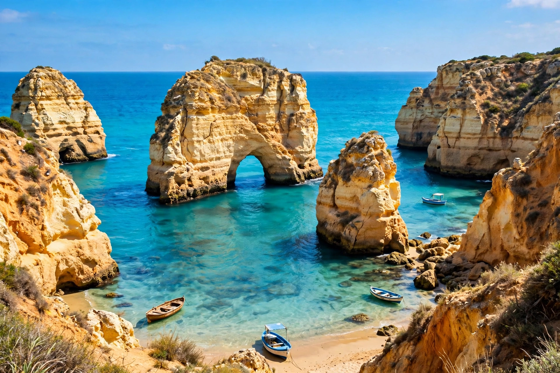 Golden sea arches at Praia da Marinha beach near Benagil, Algarve Portugal