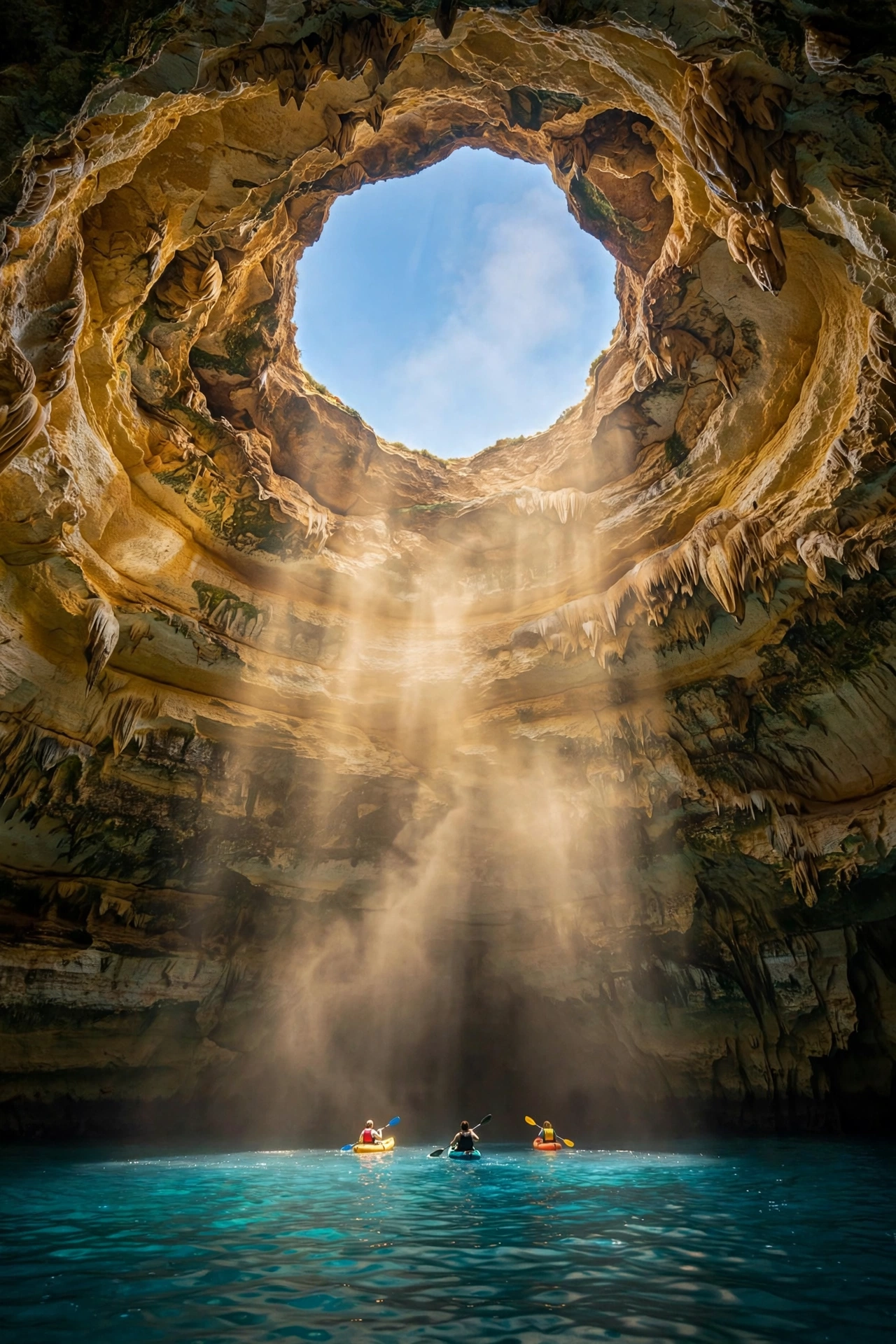 Vertical view looking straight up at the Benagil skylight from inside the cave, sunbeams on turquoise water