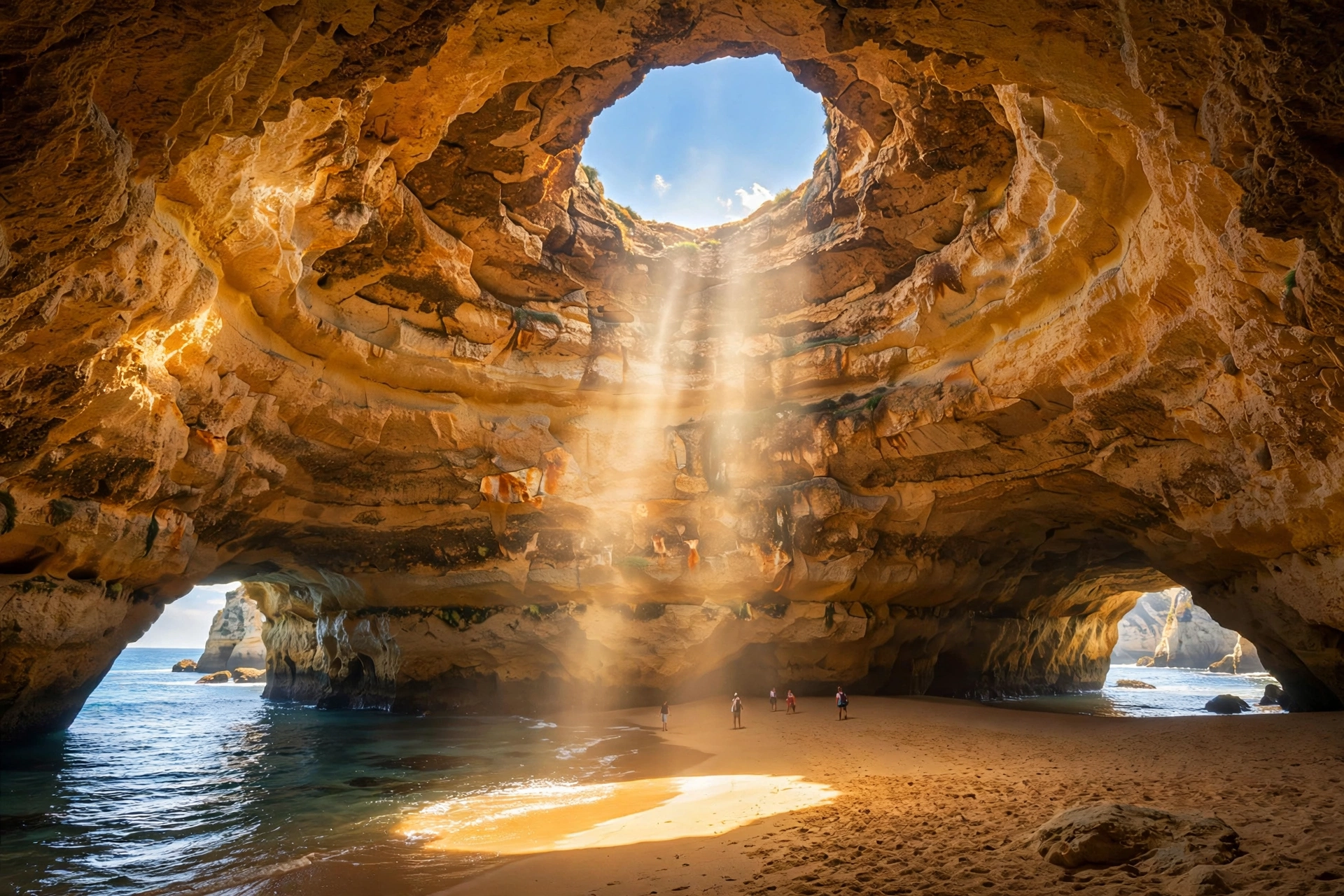 Midday sunbeam falling through the Benagil skylight onto the golden sand inside the cave