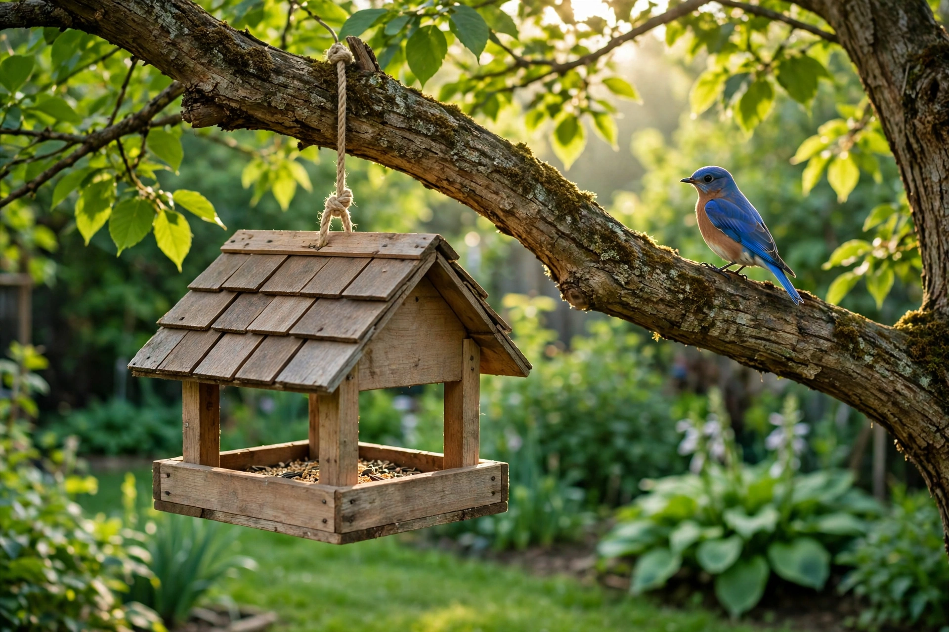 Handmade wooden bird feeder with cedar shingle roof hanging from a tree branch in a lush garden