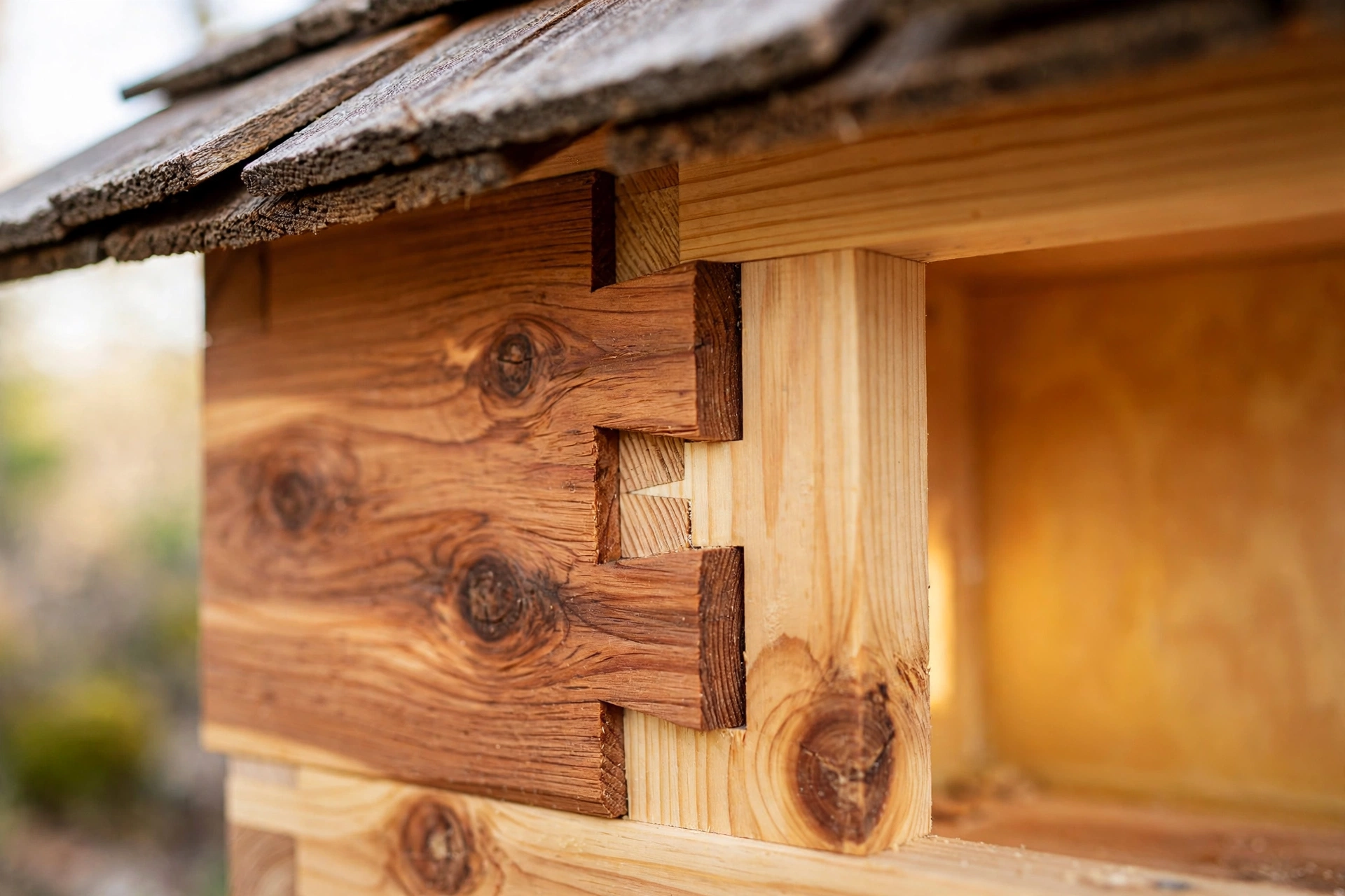 Macro detail of handcrafted wooden joinery and beeswax-treated interior of a bird feeder