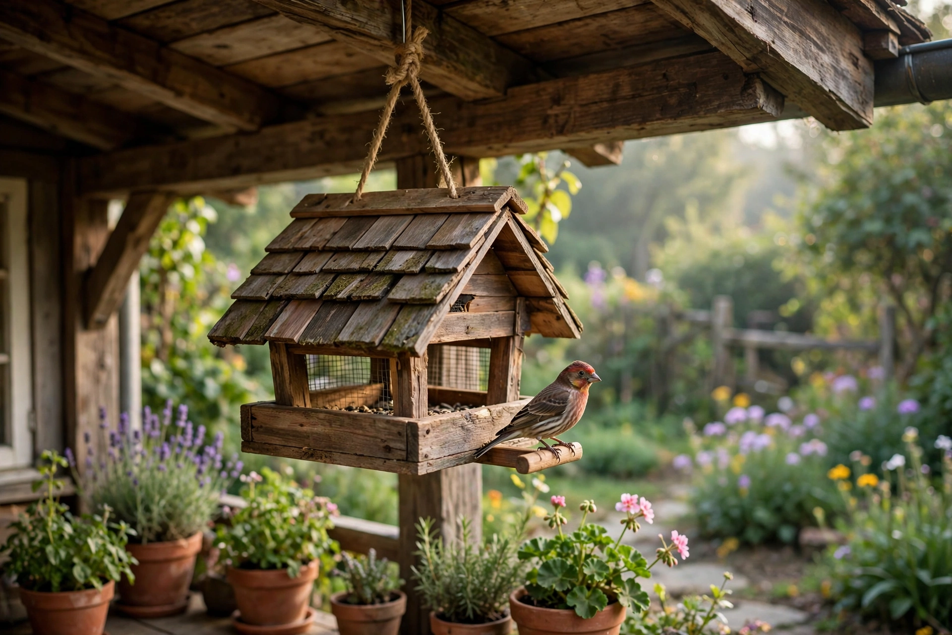 Wooden bird feeder with cedar shingle roof hanging under a cottage porch eave with a finch on the perch
