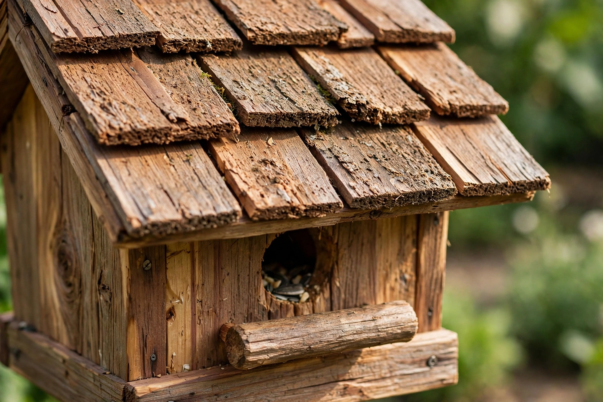 Close-up detail of the cedar shingle roof and wooden perch on a handmade bird feeder