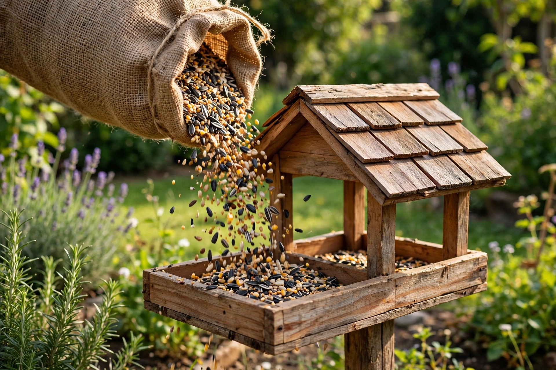 Birdseed being poured from a burlap sack into a handmade wooden bird feeder in a garden