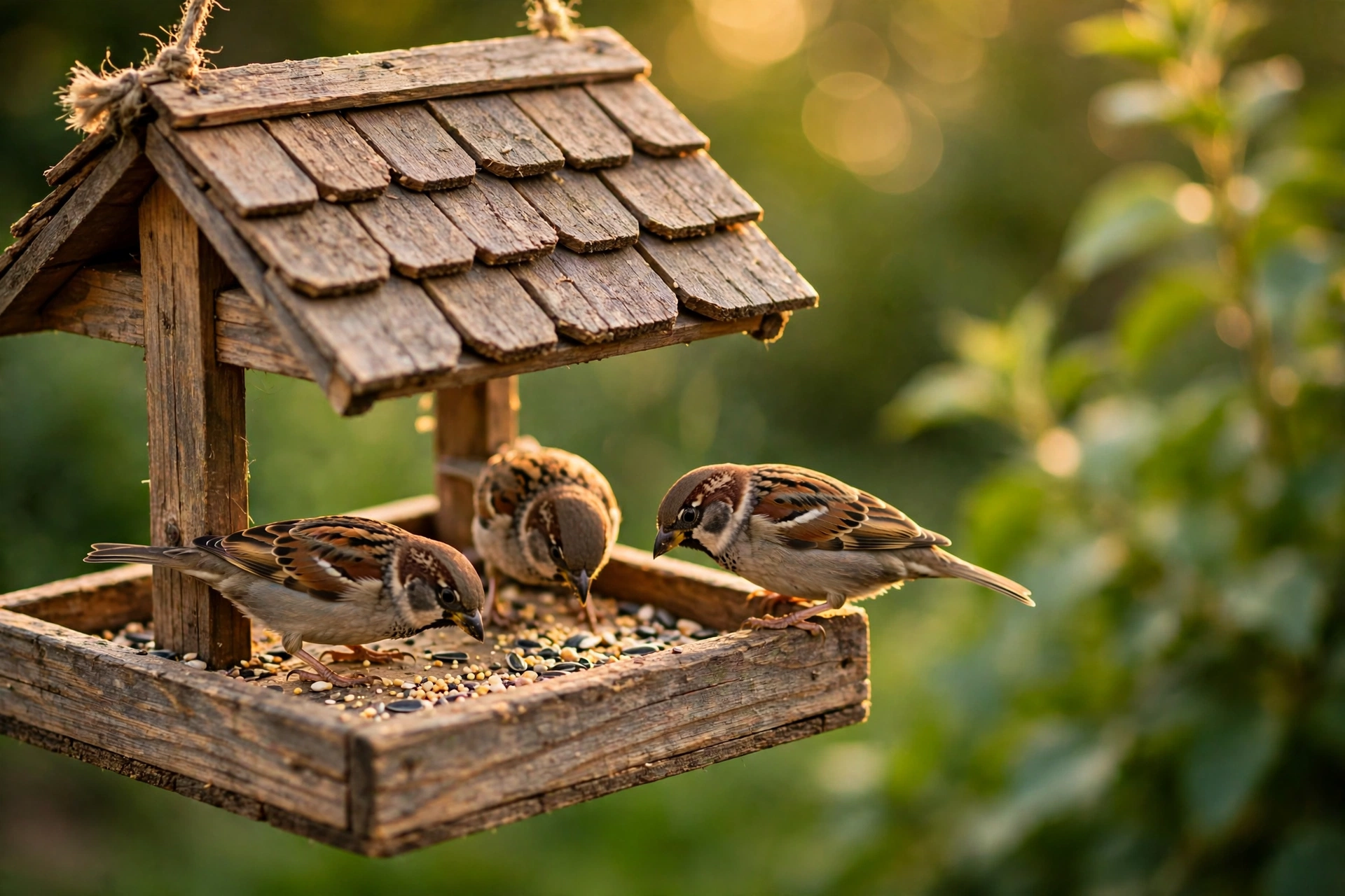 Three sparrows feeding at a handmade wooden bird feeder with seed scattered on the tray