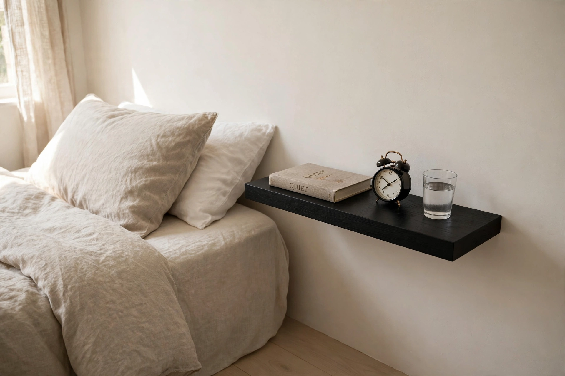Black floating shelf used as a bedside nightstand alternative