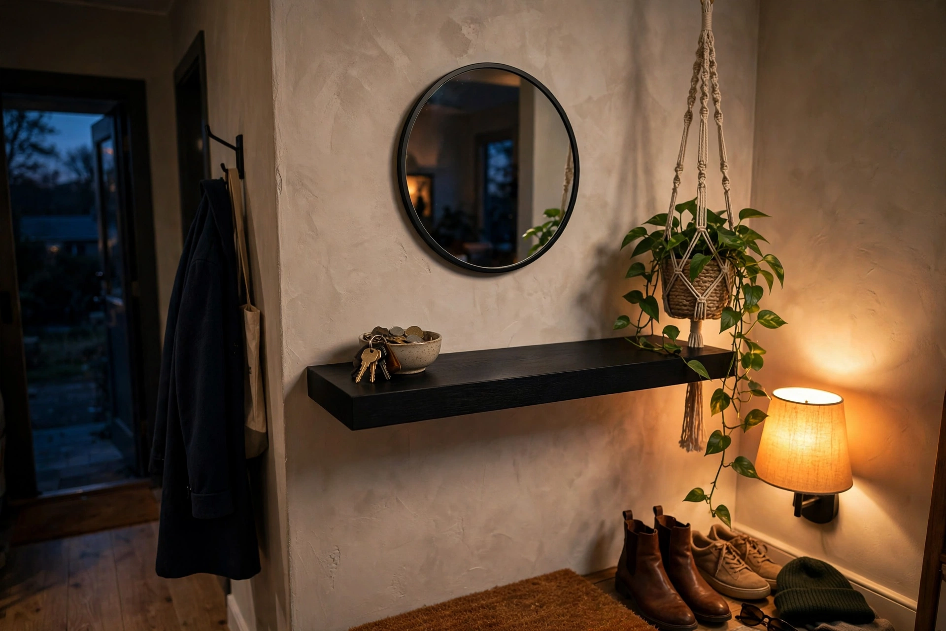 Black floating shelf in a cozy entryway with mirror and key bowl