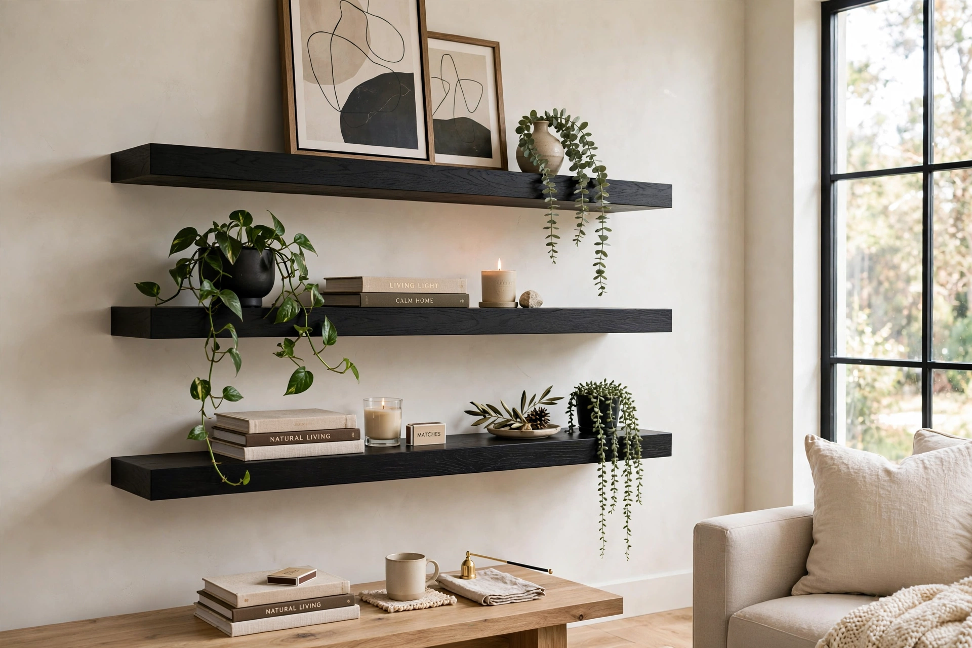 Handcrafted black solid wood floating shelves styled on a living room wall with plants and books