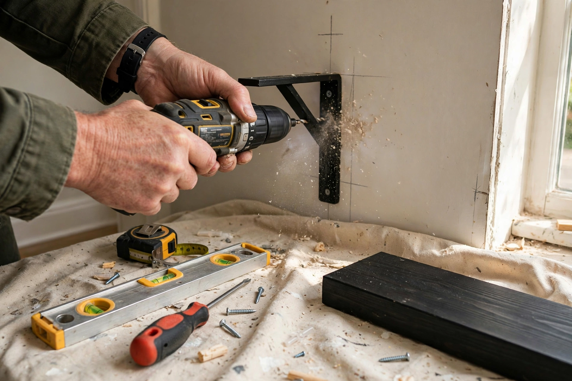 Installing a floating shelf wall bracket with a drill