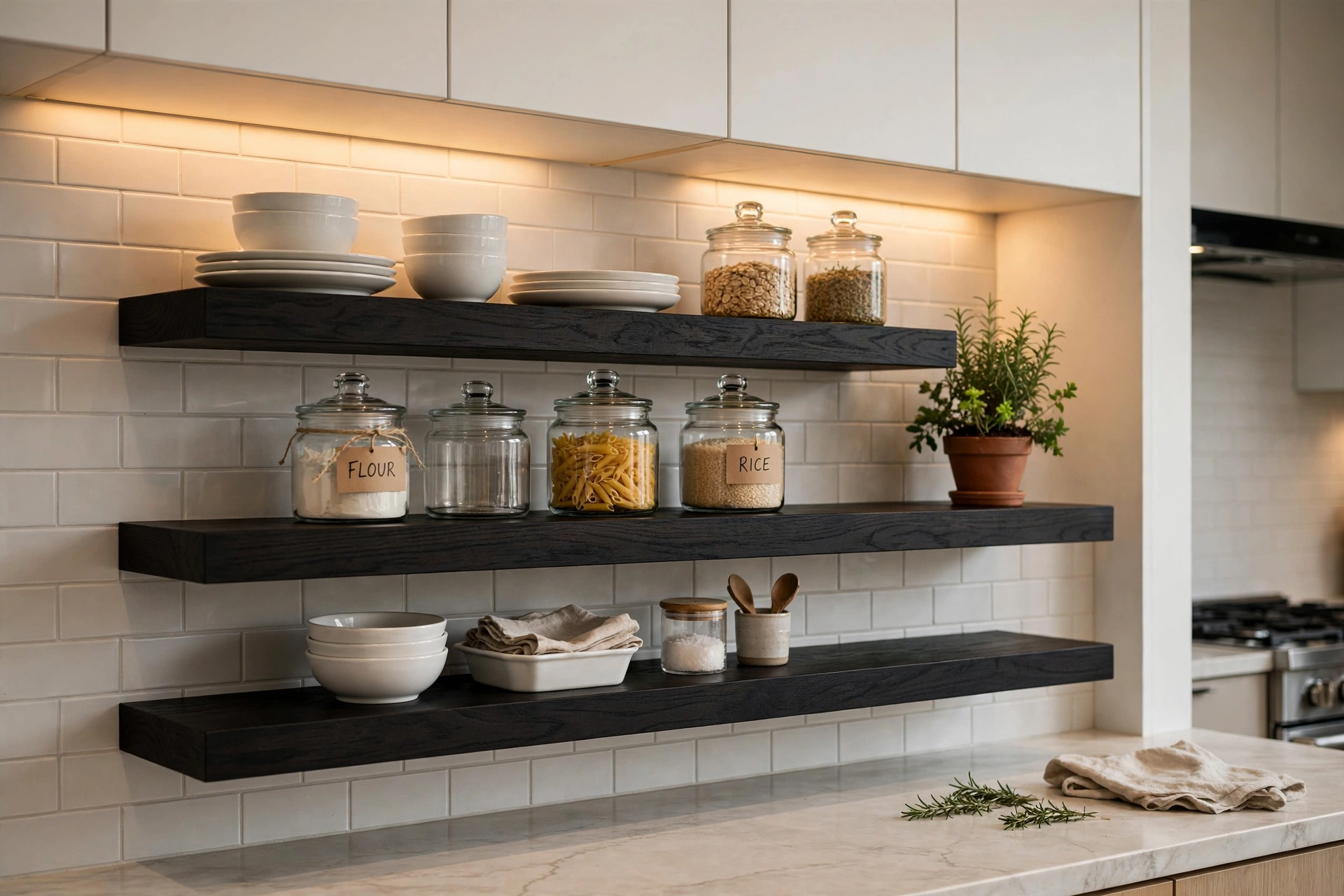 Black floating wood shelves in a modern kitchen holding dishes and jars