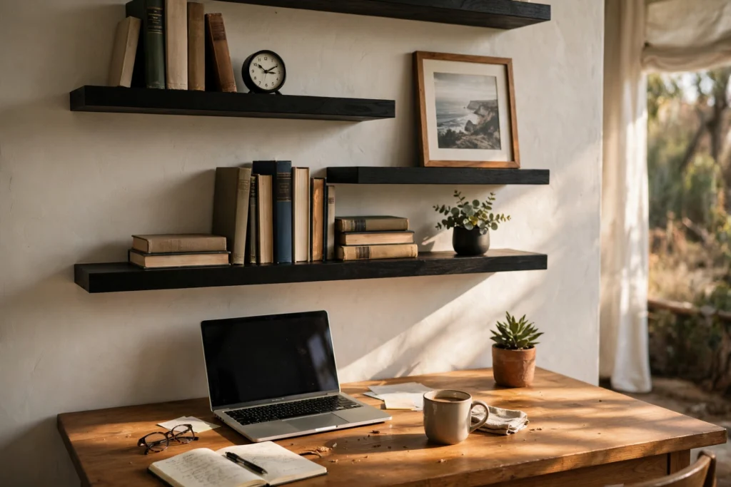 Black floating shelves above a home office desk with books and decor