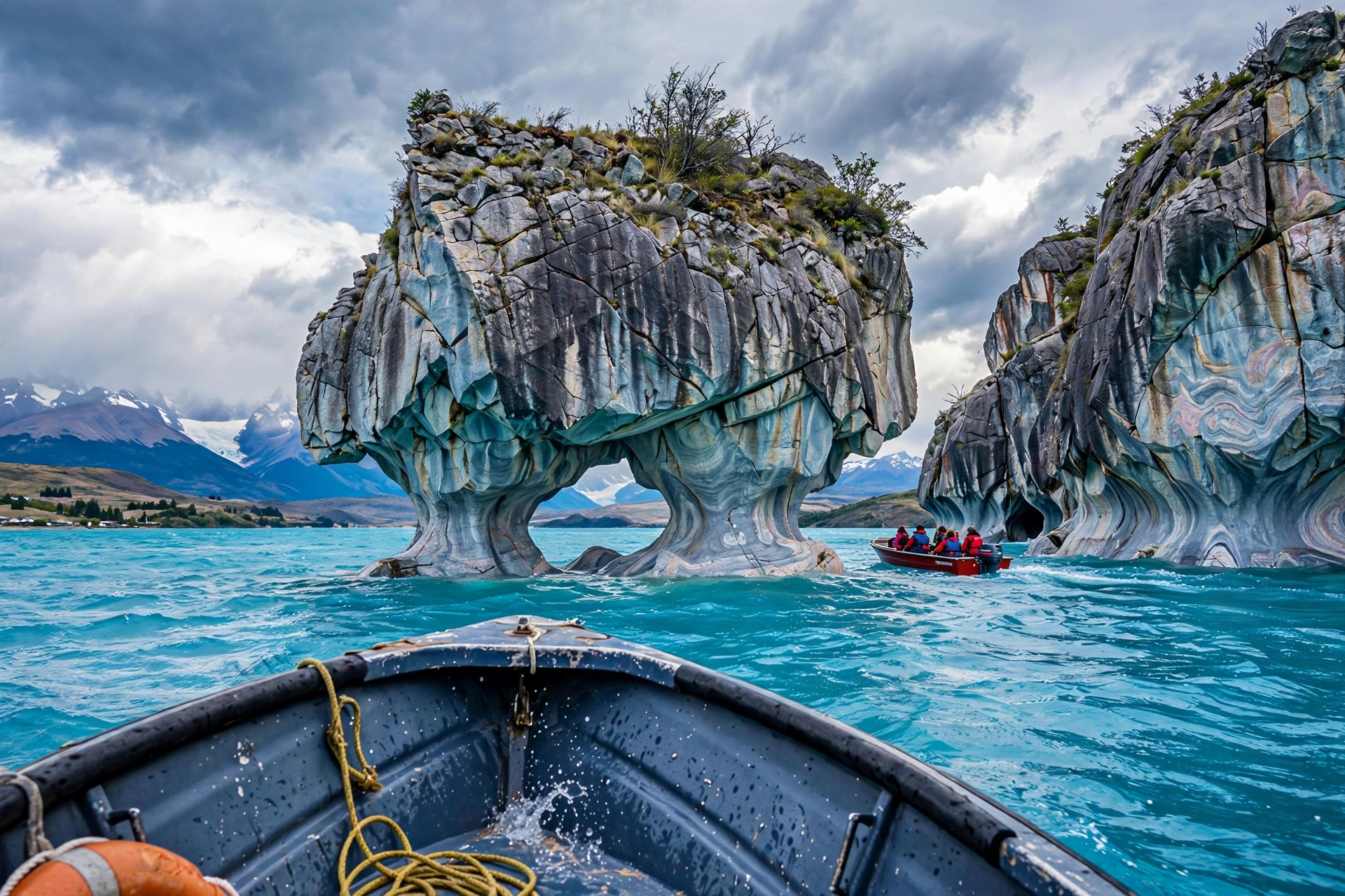 Tour boat approaching the Marble Chapel with its natural window arch on Lago General Carrera