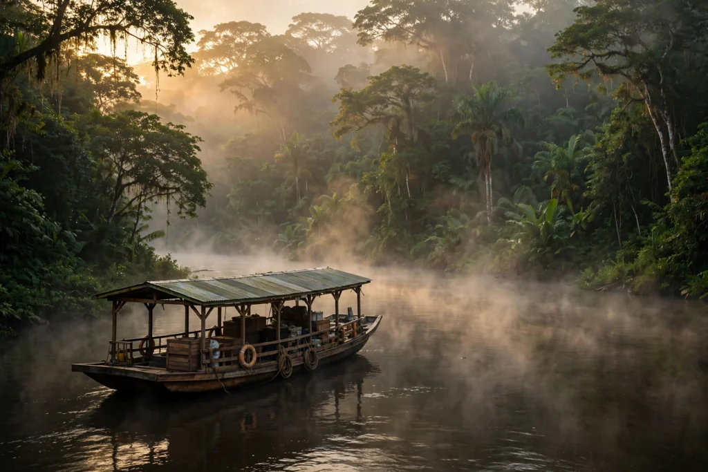 Amazon riverboat at dawn with mist over the water and jungle banks in golden light