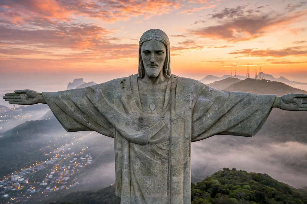 Close-up of Christ the Redeemer statue at sunrise with Rio city lights below