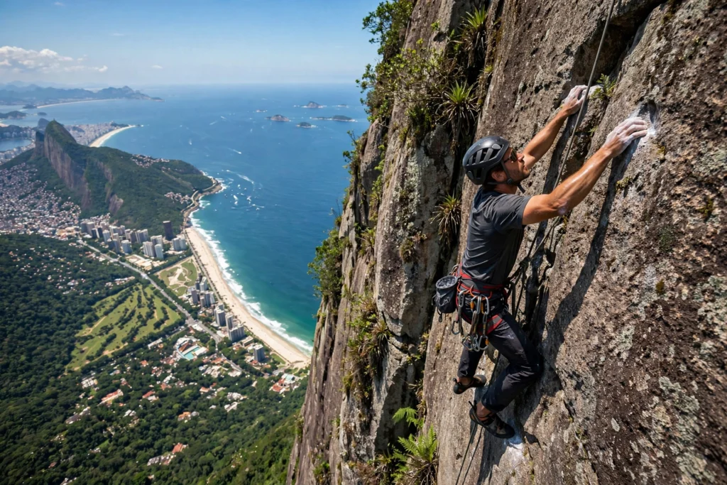 Rock climber mid-ascent on a dramatic granite cliff in Brazil with the Rio coastline far below