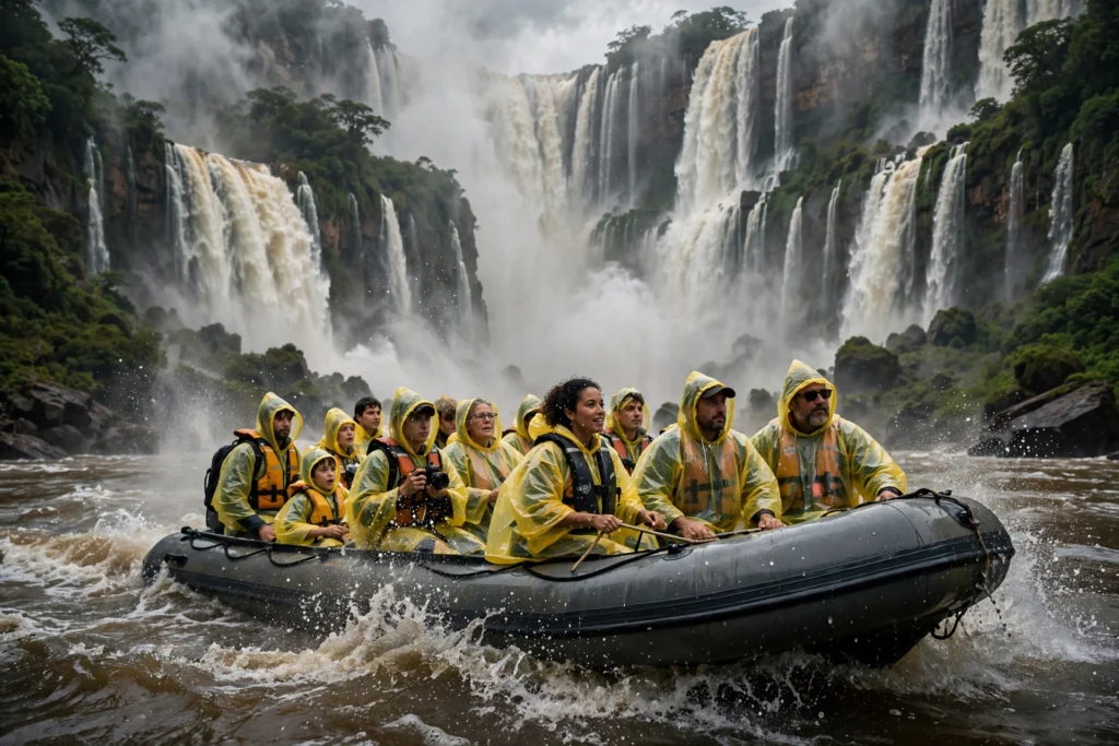 Tourist boat in yellow ponchos approaching the massive Foz do Iguaçu waterfalls amid huge spray