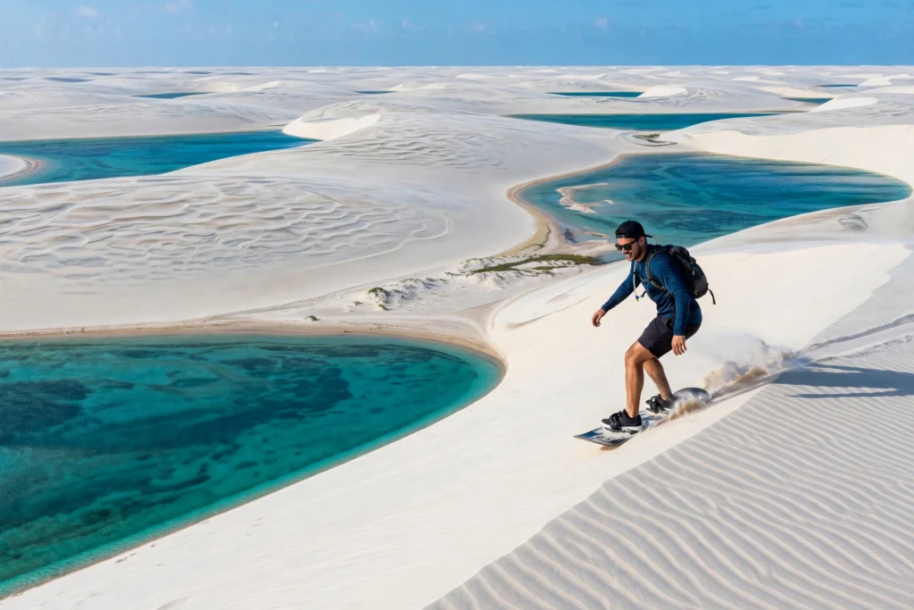 White sand dunes of Lençóis Maranhenses dotted with turquoise lagoons, person sandboarding