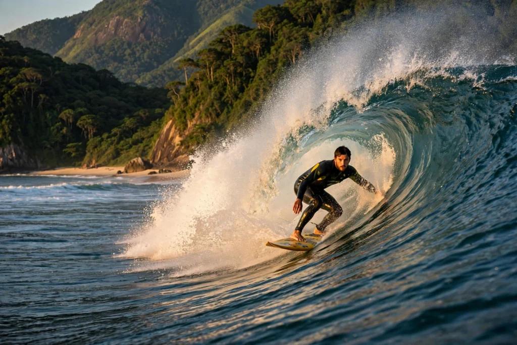 Surfer riding a clean wave at Prainha beach Rio de Janeiro in afternoon light