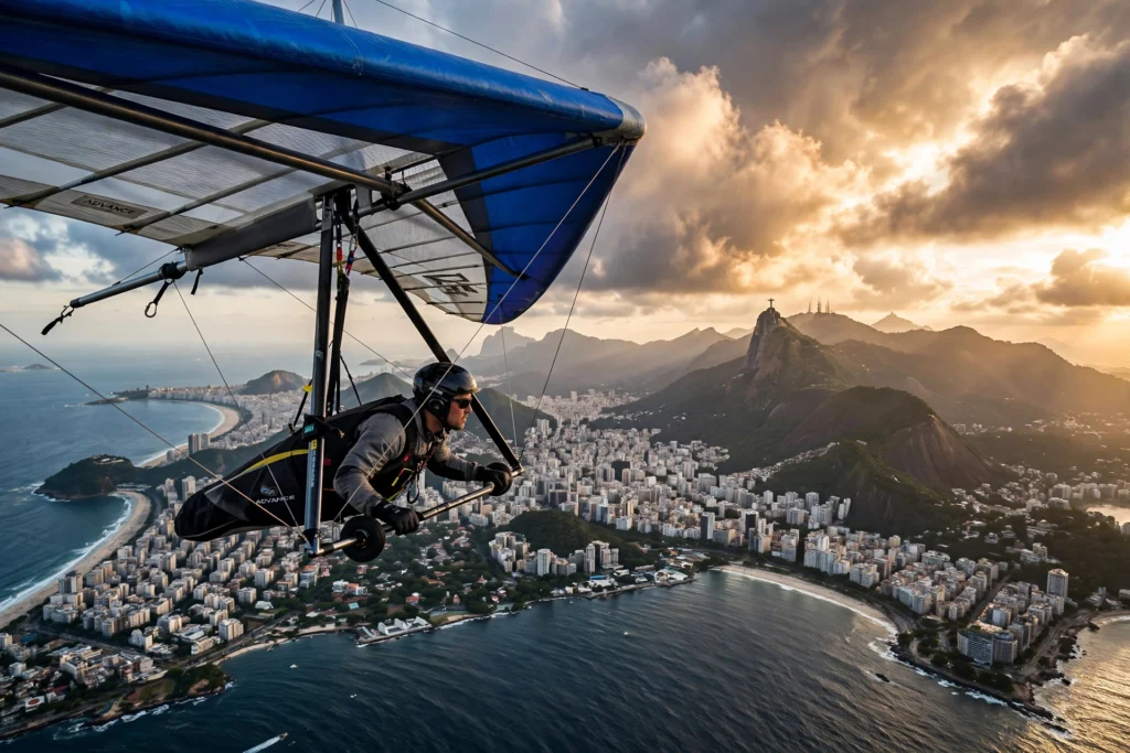 Hang glider soaring over Rio de Janeiro at golden hour with Christ the Redeemer in the background