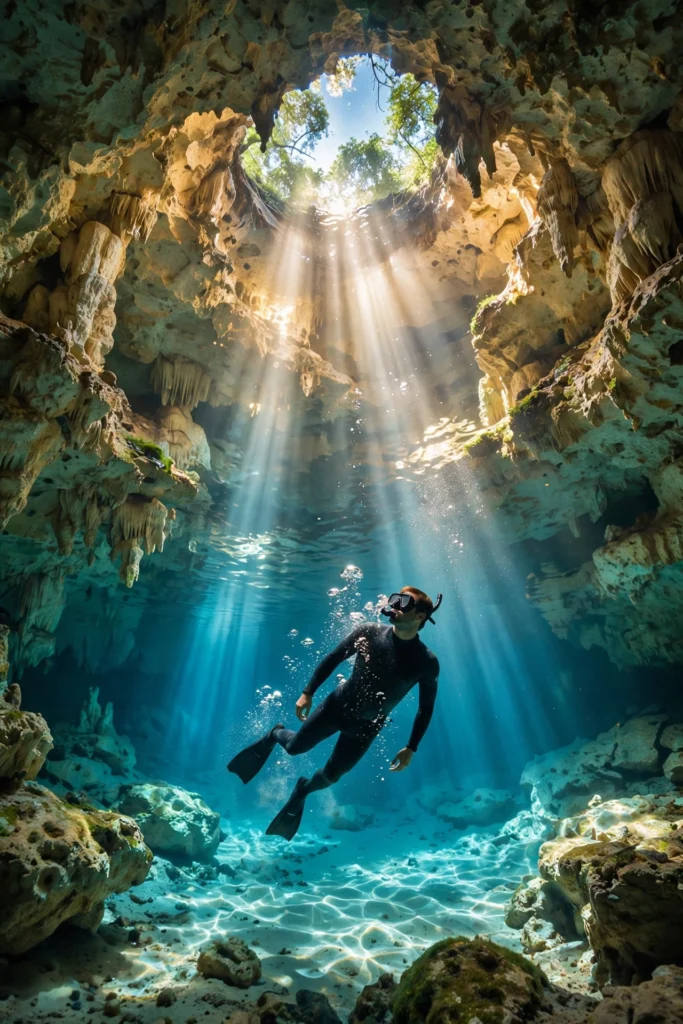 Snorkeler floating in a crystal-clear turquoise underground river inside a Brazilian cave, sunbeam piercing the water