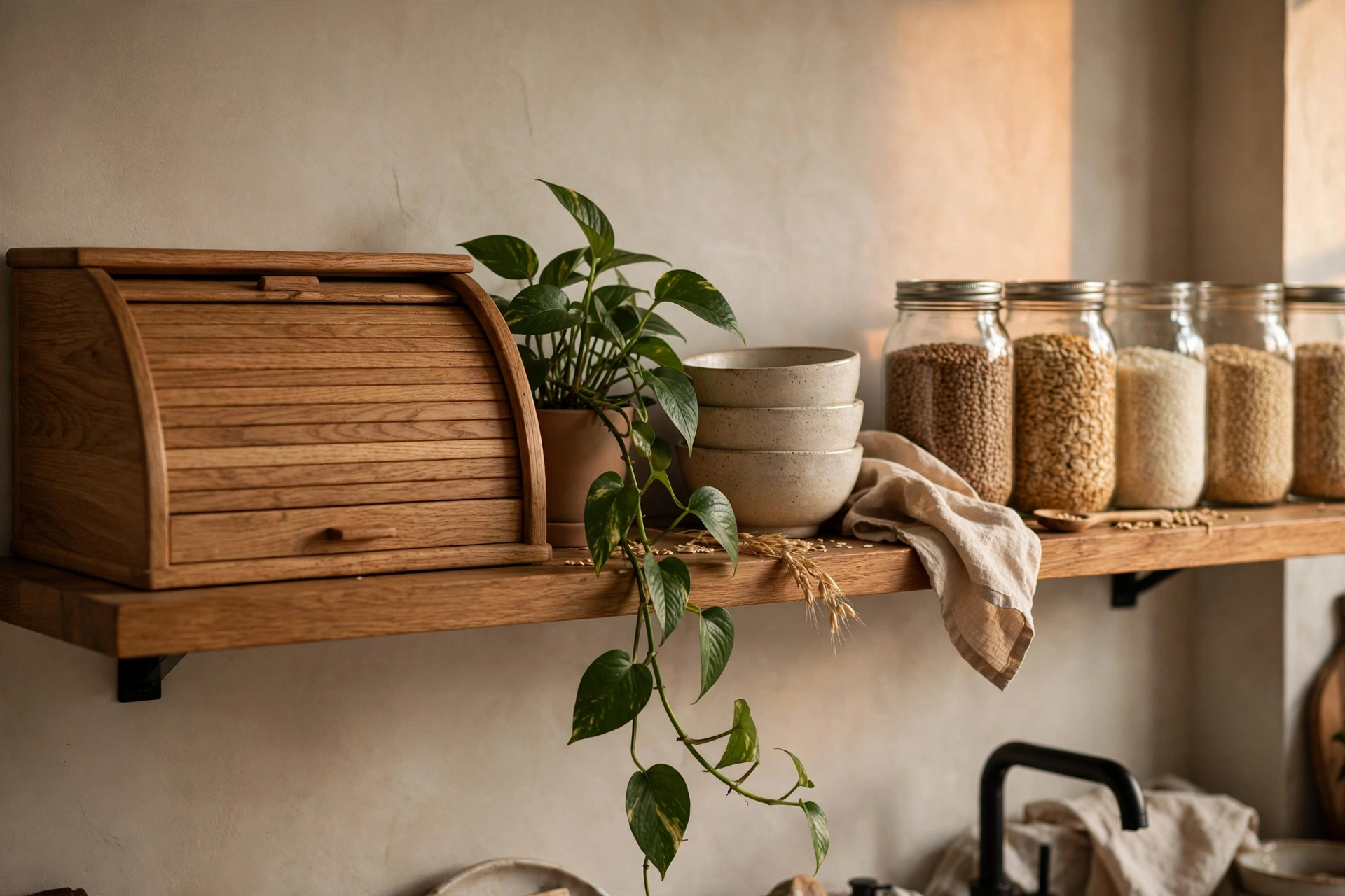 Styled open kitchen shelf with wooden bread box, trailing plant and ceramic bowls
