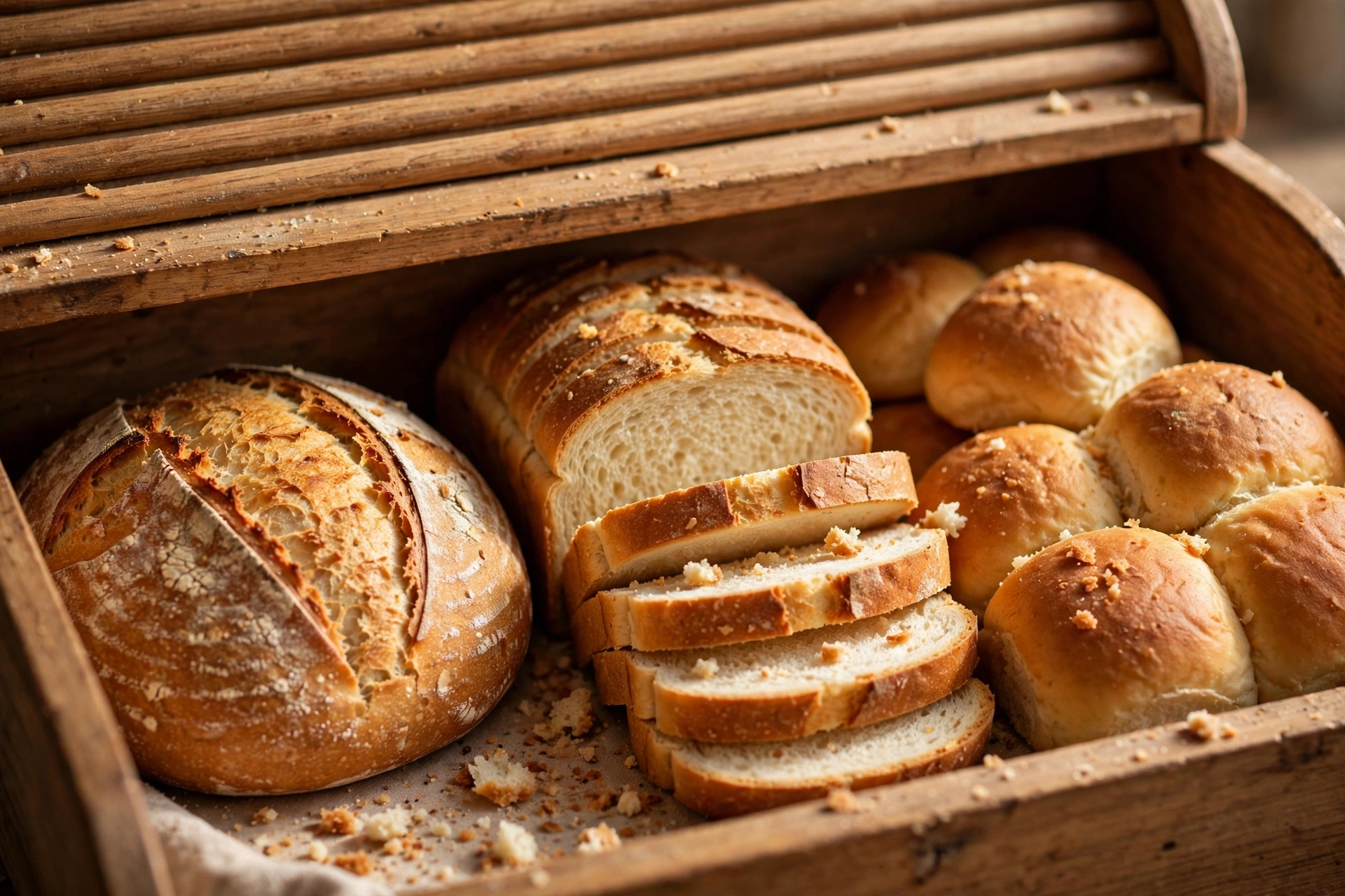 Open wooden bread box filled with fresh sourdough boule, sliced loaf and dinner rolls